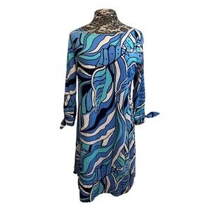 Escapada Dress Mod Wave Blue White 3/4 Sleeves Tie Wrists V-Neck Resort Beachy M